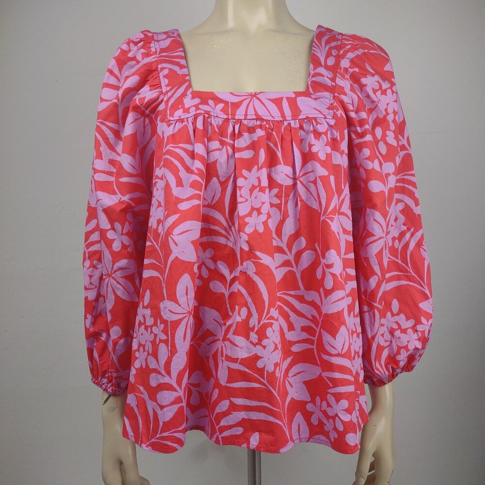 NWT Voyageur by Mersea pink floral square neck 100% Cotton blouse ladies Large
